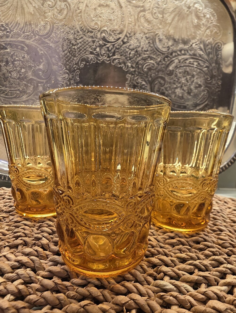Set of 4 Amber Glass Tumblers Ribbed Pressed Boho Mid Century Drinking Glasses